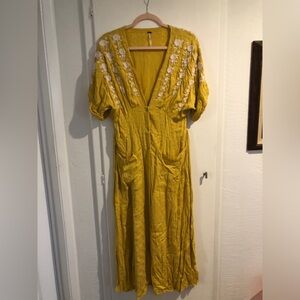 Free People- Embroidered V-Neck Maxi Dress in Mustard Yellow